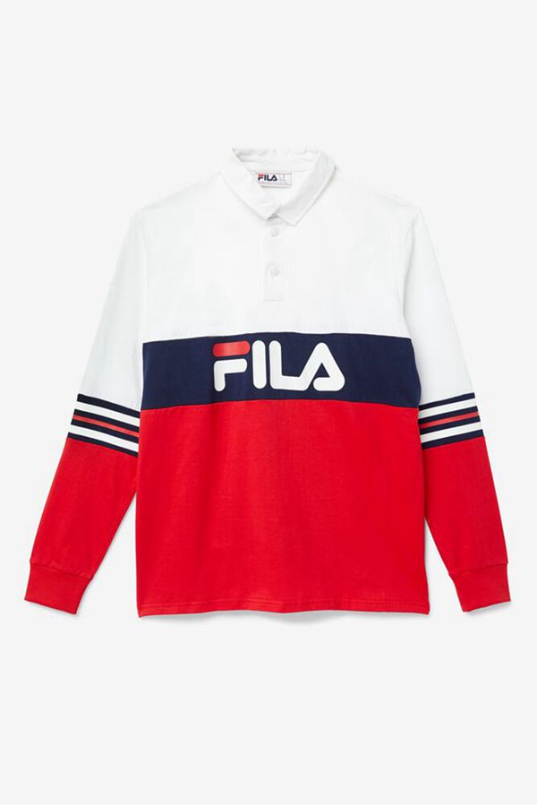 Fila Syd Long Sleeve Men's Polo Shirts - White/Red/Navy,NZ 205-75408
